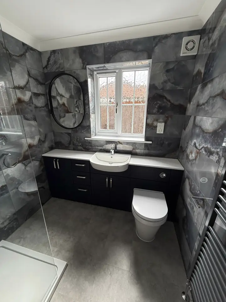 Bathroom with bath and overhead shower